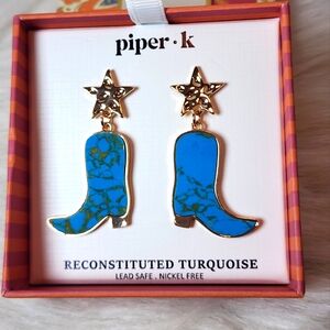 Piper K Blue Reconstituted Turquoise Gold Star Cowboy Boot Earrings